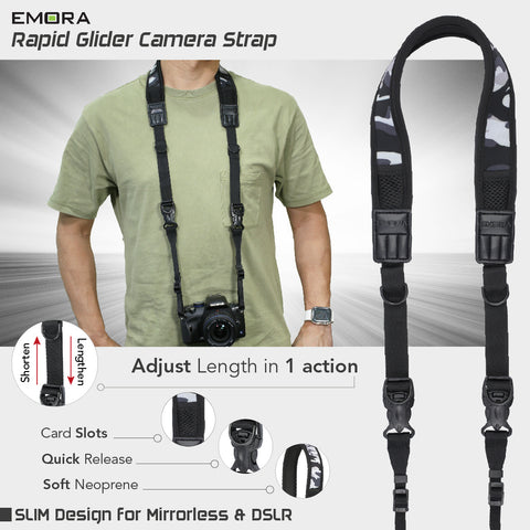 Emora PRO SLIM Rapid Glider Neoprene Camera Shoulder Strap with SD memory card slot