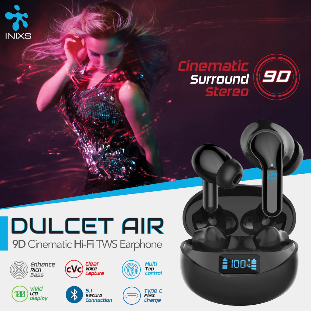 INIXS Dulcet Air 9D Cinematic Hi-Fi TWS Bluetooth 5.1 Wireless Surround Stereo Audio Earphone for Smartphone Tablet Laptop Desktop