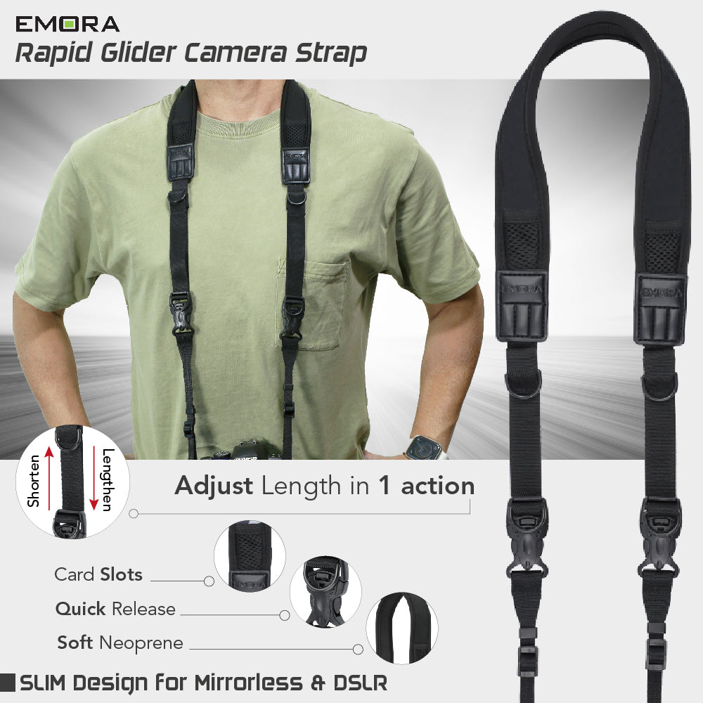 Emora PRO SLIM Rapid Glider Neoprene Camera Shoulder Strap with SD memory card slot