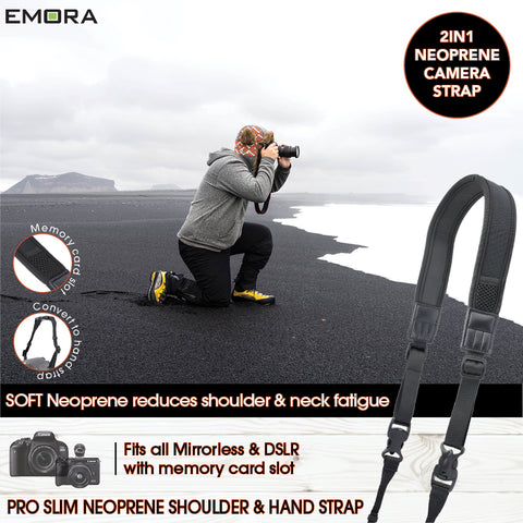 Emora PRO SLIM 2in1 Neoprene Camera Shoulder and Hand Strap with SD card slot for mirrorless (Black)