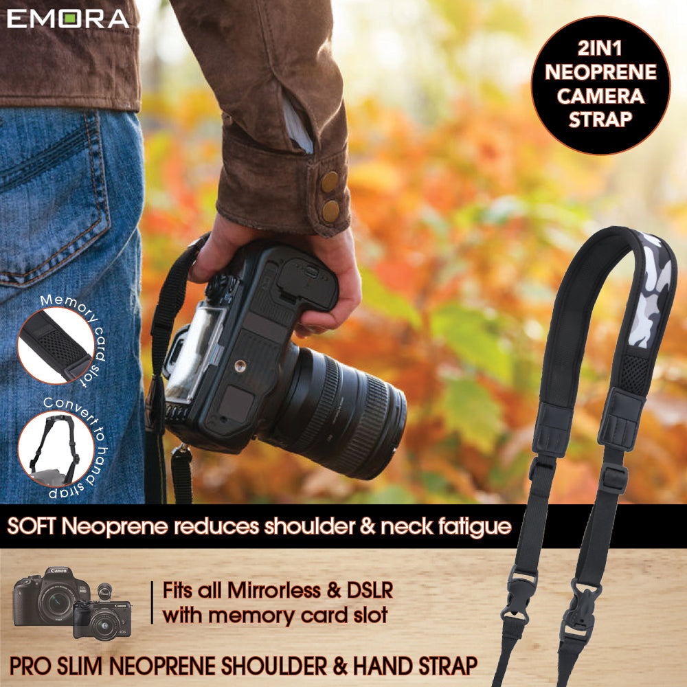 Emora PRO SLIM 2in1 Neoprene Camera Shoulder and Hand Strap with SD card slot for mirrorless (Camo)