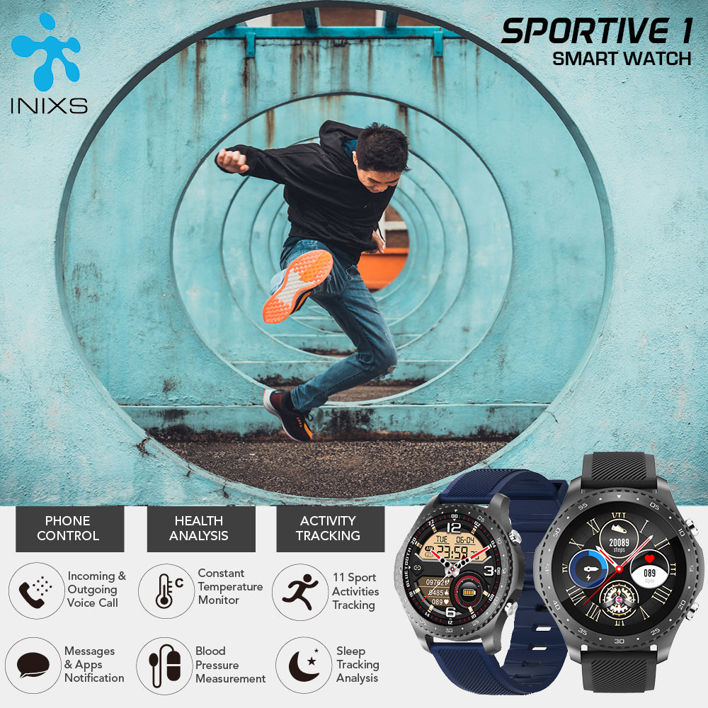INIXS Sportive 1 Smart Health Watch with Voice Call App Notification Thermometer Blood Pressure Sp02 Pedometer Multi Sport Music for IOS and Android