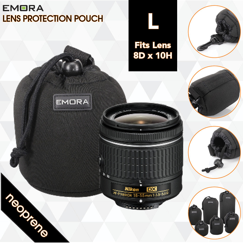 Emora L Neoprene protective camera lens pouch case with quick release, belt loop and fasten puller