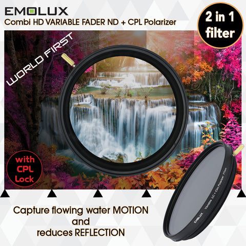 Emolux Digital HD COMBI 2 in 1 Variable ND 2-400 + Circular Polarizer Camera Filter with CPL Lock