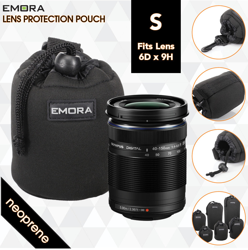 Emora S Neoprene protective camera lens pouch case with quick release, belt loop and fasten puller