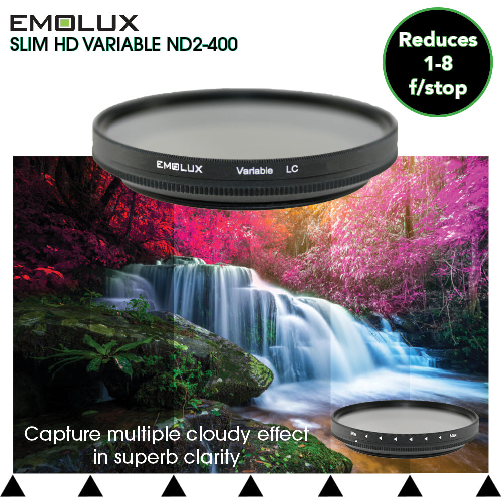 Emolux Digital SLIM HD Variable Fader ND 2-400 Filter for wide angle lens to telephoto up to 300mm