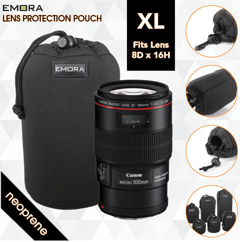 Emora XL Neoprene protective camera lens pouch case with quick release, belt loop and fasten puller